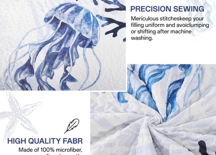 Xruibed Coastal Quilt Set King Size Blue Nautical Beach Quilt Coverlet Reversible Lightweight Bedspread with 2 Pillowshams Soft Microfiber Quilt Set for All Season 110"x90"