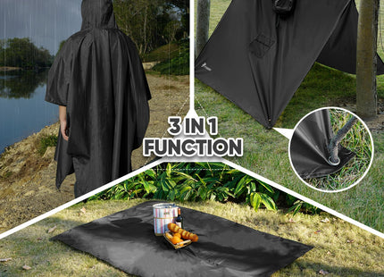 PTEROMY 3-in-1 Hooded Rain Poncho for Adult with Pocket, Waterproof Lightweight Unisex Raincoat for Hiking Camping Emergency (Black)
