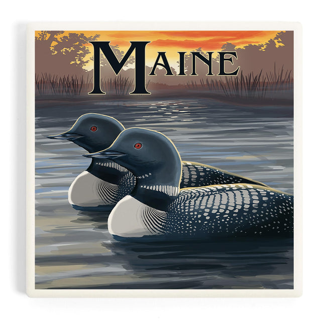 Lantern Press Maine, Loon Family (Absorbent Ceramic Coaster, Single, Cork Back, Kitchen Table Decor)
