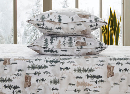 Flannel Sheets Warm and Cozy Deep Pocket Breathable All Season Bedding Set with Fitted, Flat and Pillowcases, Queen, Winter Cabin Lodge