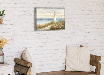 Lighthouse Framed Wooden Wall Art: Beach Artwork Abstract Ocean Painting Seascape Art Prints Coastal Pictures for Home Decor 16"x12"