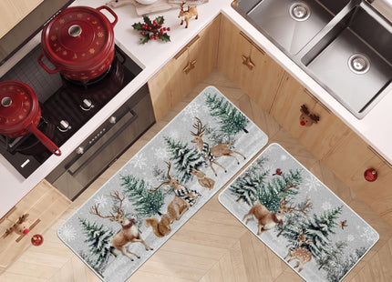 Baccessor Christmas Winter Kitchen Rugs Set of 2, Snowy Pine Tree Deer Cardinal Snowflakes Kitchen Mats Washable Non Slip Rubber Backing Xmas Farmhouse Home Floor Holiday Indoor Laundry Decor
