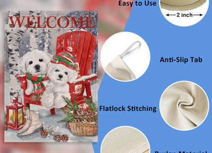 Covido Home Decorative Welcome Winter Bichon Frise Dogs Red Chair Garden Flag, Puppy Pinecone House Yard Ice Skates White Birch Trees Outside Decoration, Christmas Lantern Outdoor Small Decor 12 x 18