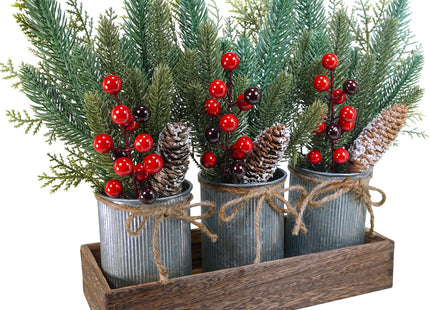 Winlyn Christmas Farmhouse Centerpiece Rustic Wood Tray 3 Galvanized Pots with Artificial Pine Cedar Red Berry Snowy Pinecone Christmas Arrangement Table Decoration for Holiday Home Kitchen Mantel