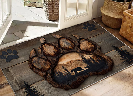 Bear Paw Print Area Rug, Rustic Wildlife Bear Rugs, Wood Grain Forest Hunting Print Rug, Cabin Lodge Wild Animal Carpet for Living Room Washable Anti-Slip Carpet