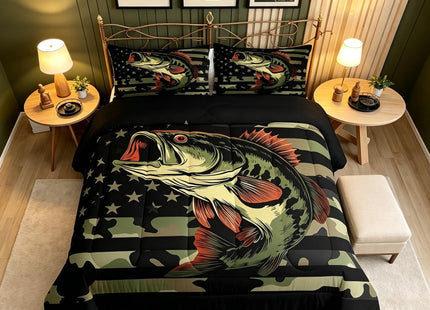 Castle Fairy Bass Fish Camouflage Full Size Comforter Set Farmhouse Fishing Bedding Set for Kids Adults Teens Retro Green Camo Comforter Luxury Bass Fish Pattern Quilt Set Room Decor 3Pcs