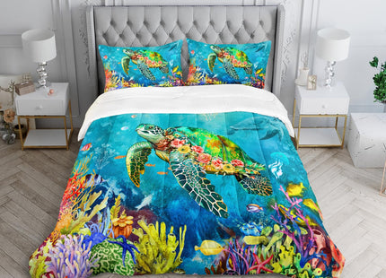 XYNHML Kids Turtle Rose Comforter Set Queen Beach Theme Jellyfish Starfish Bedding Set Sea Animal Reptile Bed Set with 2 Pillowcases for Boys Girls Room Decor