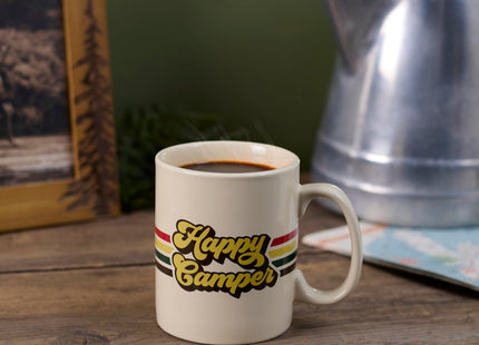 Primitives by Kathy Happy Camper Stoneware Coffee Mug, 18 oz, Double-Sided Retro Stripe Camp Cup | Lake & Cabin Kitchen Drinkware & Outdoor Adventure Gift