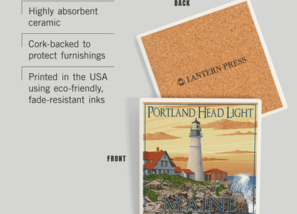 Lantern Press Portland, Maine, Portland Head Light (Absorbent Ceramic Coaster, Single, Cork Back, Kitchen Table Decor)