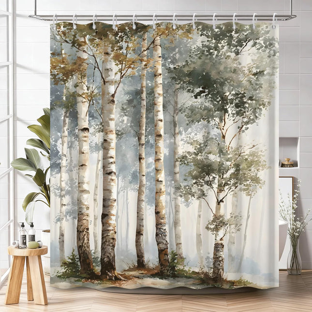 NAEMBCU Birch Tree Shower Curtain with Hooks, Misty Forest Watercolor Landscape Print Waterproof Fabric Bath Tub Curtain for Rustic Cabin Nature-Inspired Bathroom Decor, 71x74 Inches