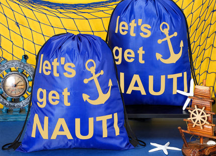Pinkunn 20 Pcs Let's Get Nauti Drawstring Bag 17x 13.4 Inch Nautical Drawstring Bag Nautical Themed Gift Bags Cruise Blue Nautical Anchors Favor Treat Bags for Birthday Wedding Beach Party Decor