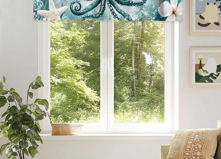 Nautical Coastal Valance for Windows, Beach Sea Octopus Starfish Floral Ocean Rod Pocket Curtain Valances for Living Room Bathroom Underwater World Window Treatment Valances 42"W x 12"L, 1 Panel