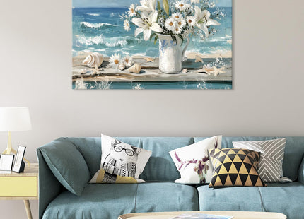 Blue Ocean Beach Bathroom Decor Wall Art, Starfish with White Flower Picture Canvas Prints Modern Coastal Seascape Painting Framed Seaside Seashell Floral Artwork for Beachy Home Decoration 12x18inch