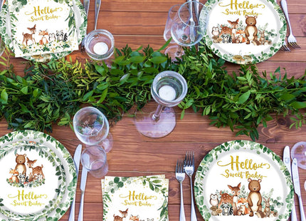 Woodland Baby Shower Party Supplies, Woodland Animal Baby Shower Decorations Include Plates, Napkins, Forks, for Animal Theme Woodland Creatures Party Decorations, Serve 24