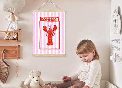 Trendy Retro Red Lobster Coastal Wall Art Decor, Beachy Room Decorative Aesthetic, Preppy Pink Striped Lobster Seafood Lover Nautical Wall Decor Posters for Home Kitchen Dining Room, 12x16 Inch
