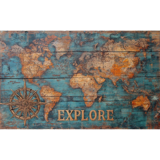 Personalized Custom Wooden World Map Wall Art - Vintage Compass Oil Painting Style Wood Decor for Living Room Office Study - Handcrafted Rustic Travel Map Gift Large Wood Plaque(Style D)