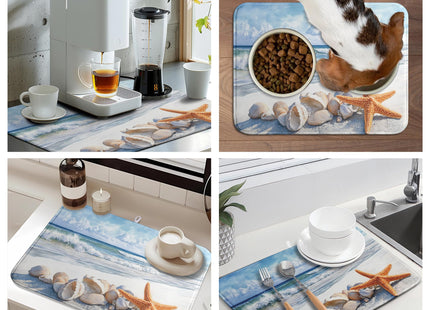 Summer Beach Dish Drying Mat for Kitchen Counter Starfish Coastal Shells Kitchen Dishes Dryer Pad Absorbent Matt Microfiber Washable Foldable Reusable Large 18x24 in