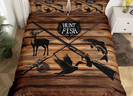 Castle Fairy Rustic Farmhouse Duvet Cover Queen Size,Animal Hunting Brown Wooden Barn Board Bedding Set for Men Adult, Deer Mallard Fish Lodge Decor Comforter Cover with 2 Pillowcases (No Comforter)