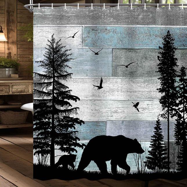 MERCHR Rustic Cabin Shower Curtain, Farmhouse Country Bear Forest Vintage Wood Decor Bath Curtain, Hunting Camping Waterproof Fabric Bathroom Accessories Set with Hooks 71x71 Inches