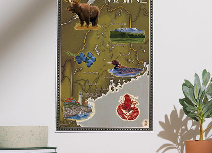 Lantern Press Maine Map and Icons, 12x18 Inch Art Print, Home Decor⁠