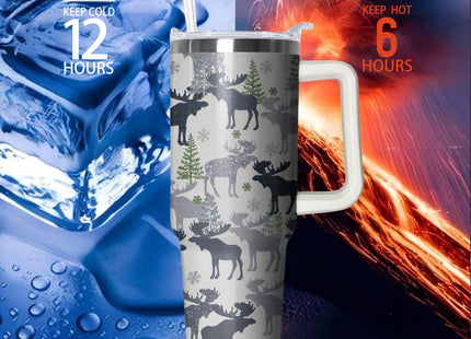 40oz Moose Stainless Steel Tumbler with Handle and Straw, Insulated Cup Travel Coffee Mug Water Bottle with Lid and Straw, Animal Lovers Women Gifts