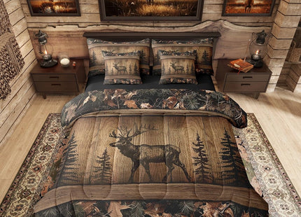Erosebridal Camo Moose Bed in A Bag 7 Piece Rustic Tree Camouflage Bedding Set Twin Woodland Hunting Animal Comforter Set with Sheets for Kids Adults Farmhouse Wood Board Pine Tree Wildlife Bed Set