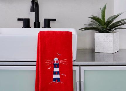 SKL Home Nautical Lighthouse Hand Towel Set-2pc, 100% Cotton, Red