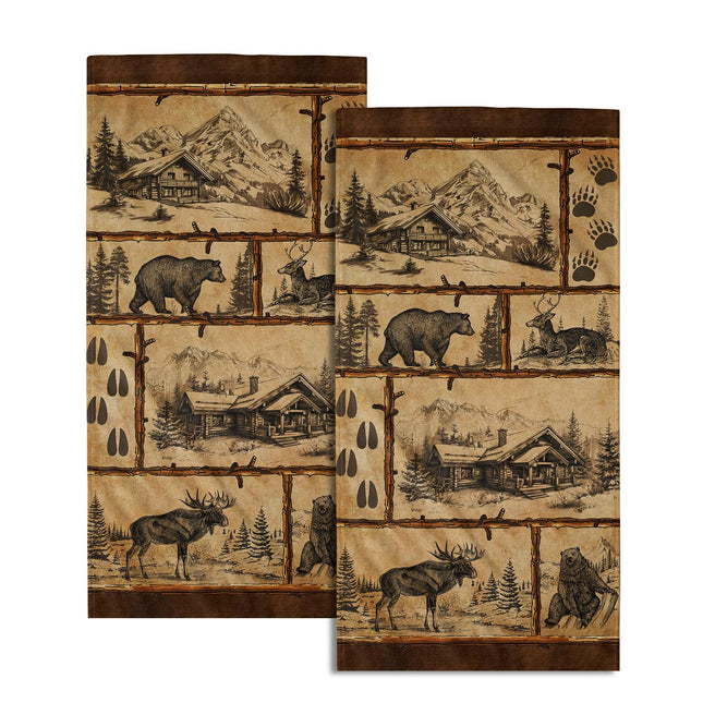 Giwawa Vintage Bear Deer Hand Towels Set of 2 Forest Cabin Face Bath Fingertip Towel Soft Absorbent Dish Wash Cloth Kitchen Bathroom Home Decor