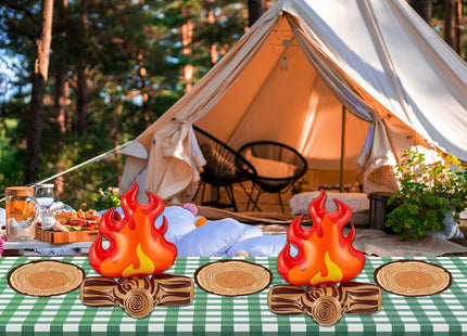Halloscume Camping Birthday Party Decorations 2 Pcs 12 Inch Inflatable Fake Campfire Props 16 Wooden Slice Paper Placemats 1 Checkered Tablecloths for Campfire Birthday Party Supplies(Green Plaid)