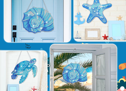 Yuefunny 3 Pcs Ocean Diamond Painting Hanging Kits, 5d DIY Coastal Diamond Art Turtle Starfish Door Sign, Summer Beach Hanging Decor for Home Garden Wall Window Under The Sea Party Favors