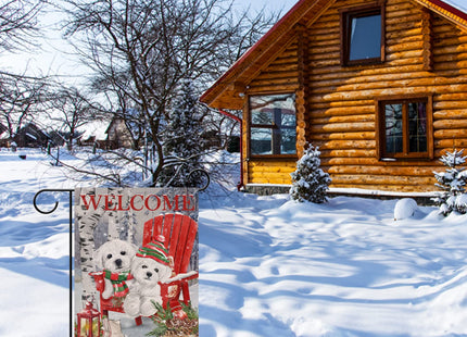 Covido Home Decorative Welcome Winter Bichon Frise Dogs Red Chair Garden Flag, Puppy Pinecone House Yard Ice Skates White Birch Trees Outside Decoration, Christmas Lantern Outdoor Small Decor 12 x 18