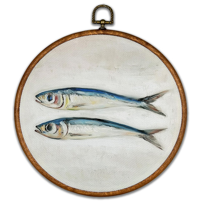 BCUANGD Vintage Sardine Round Wall Art Decor - Antique Still Life Fish Wall Art Canvas Frame Artwork Prints, Coastal Nautical Round Wall Hanging Decorations for Home Farmhouse Kitchen, 10"x10"