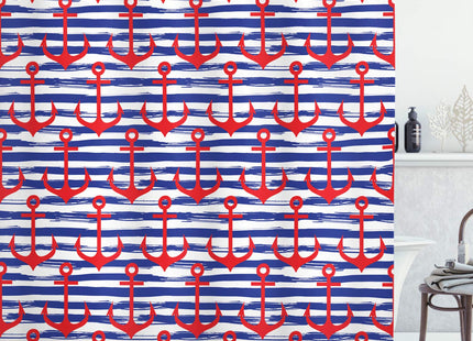Ambesonne Anchor Shower Curtain, Anchors on Striped Background Geometrical Artwork Holiday Party Gathering, Cloth Fabric Bathroom Decor Set with Hooks, 69" W x 84" L, Navy Blue Red White