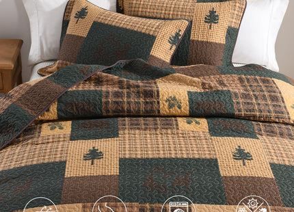 Finlonte Quilt King Size, 100% Cotton Cabin King Quilt, Lodge Cabin Farmhouse King Comforter Sets, Lightweight Reversible Qulted Bedspread Set for All Seasons, Dark Brown/Dark Green