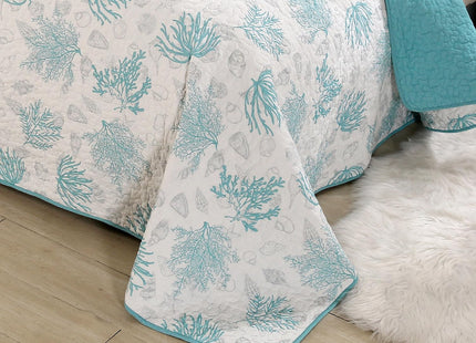 SUCSES 100% Cotton Coastal Quilts 3 Pieces Queen Lightweight Comfortable Quilt Turquoise Ocean Coral Bedspread Coverlet with 2 Shams for Beach Themed Dedroom All Season