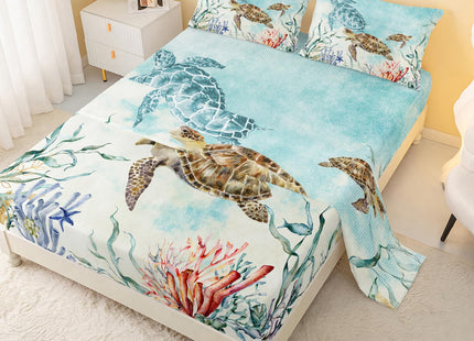CVHouse Sea Turtle Bed Sheets Set, Twin Size, Ocean Watercolor Bedding, 1 Flat & 1 Fitted Sheet with 2 Pillow Cases - 4 Pieces