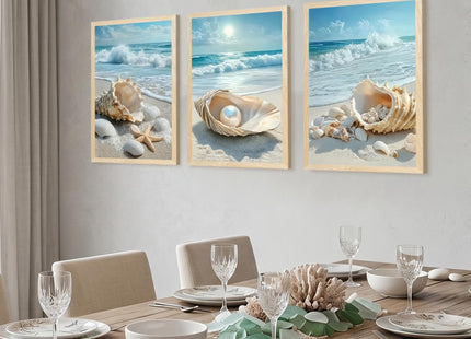 SYWENNOI Triptych Coastal Shell Pearl Framed Canvas Wall Art 12x16 inch x3