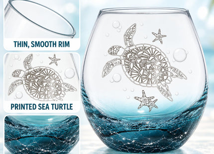 Sea Turtle Stemless Wine Glass Hand-Blown Coastal Crackle Teal Base 19oz