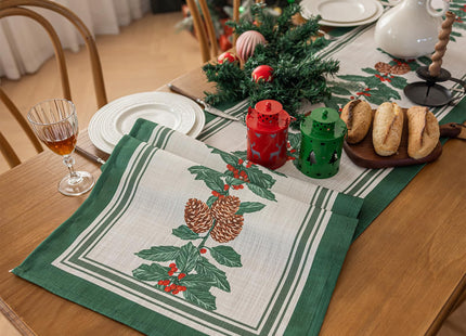 Midsummer Breeze Christmas Table Runner – Pinecone & Holly Design, 18”x90” inches Long, Winter Dining Holiday Décor-Green