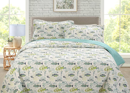 WINLIFE 100% Cotton Coastal Quilt Set Queen Size 90''x98'', Aqua Green Fish