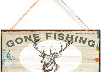 Primitive Hanging Sign Gone Fishing Be Back for Deer Season Sign with Deer Decor (12" x 6") (Navy-29)