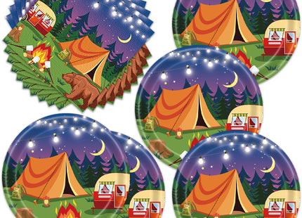 Frypeas 40pcs Camping Party Supplies Campfire Hiking Camper Theme Birthday Paper Plates and Napkins Set for Boys Kids Campfire Barbecue Birthday Party