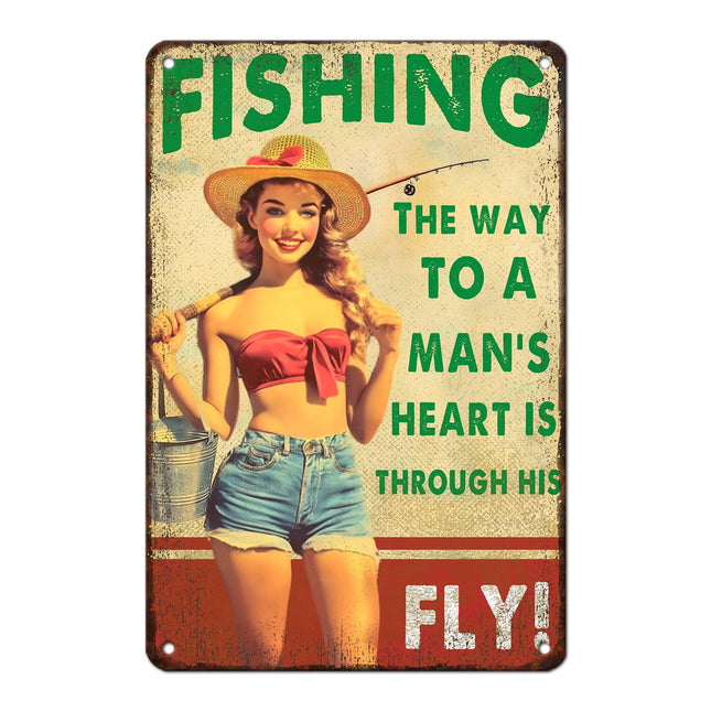 Funny Fishing Decor Vintage Tin Sign The Way to A Man's Heart Through His Fly Metal Wall Art for Man Cave Bedroom Lake House Cabin 8X12Inch