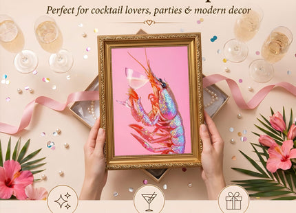 Gold Framed Trendy Pink Cocktail Lobster Canvas Wall Art 12X16in