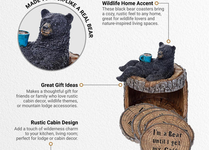 Pine Ridge Black Bear Coasters- Coaster Set for Kitchen, Den, Living Room Or Cabin for Drinks