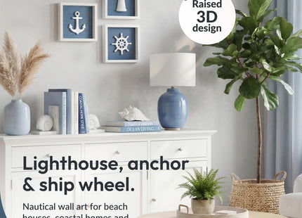 TideAndTales 3D Nautical Wall Decor (Famed Set of 3) Anchor, Lighthouse and Ship Wheel - Rustic Beach Bathroom Coastal Theme Home Decorations - Nautical Gifts, Classic Blue 7"x7"
