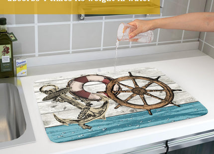 Nautical Anchor Dish Drying Mat 18x24 inch Coastal Boat Fast Dry Microfiber Reversible Dish Drainer Pad Kitchen Countertop Tabletop Decor