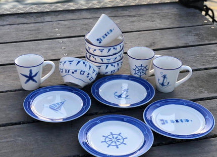 Euro Ceramica Ahoy Collection Nautical 8.7" Ceramic Salad/Dessert Plates, Set of 4, Assorted Designs, Blue & White