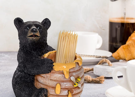 Pine Ridge Black Bear Toothpick Holder, Rustic Walking Bear Kitchen Bamboo Wooden Toothpicks Storage Decor