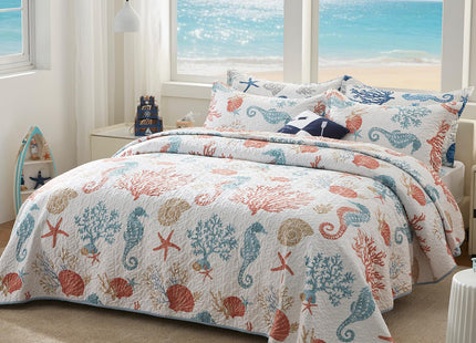 LEAONME Coastal Quilt Set Twin Size - Lightweight Microfiber Reversible Bedspread, 68''x86'', Coral, Includes 1 Sham